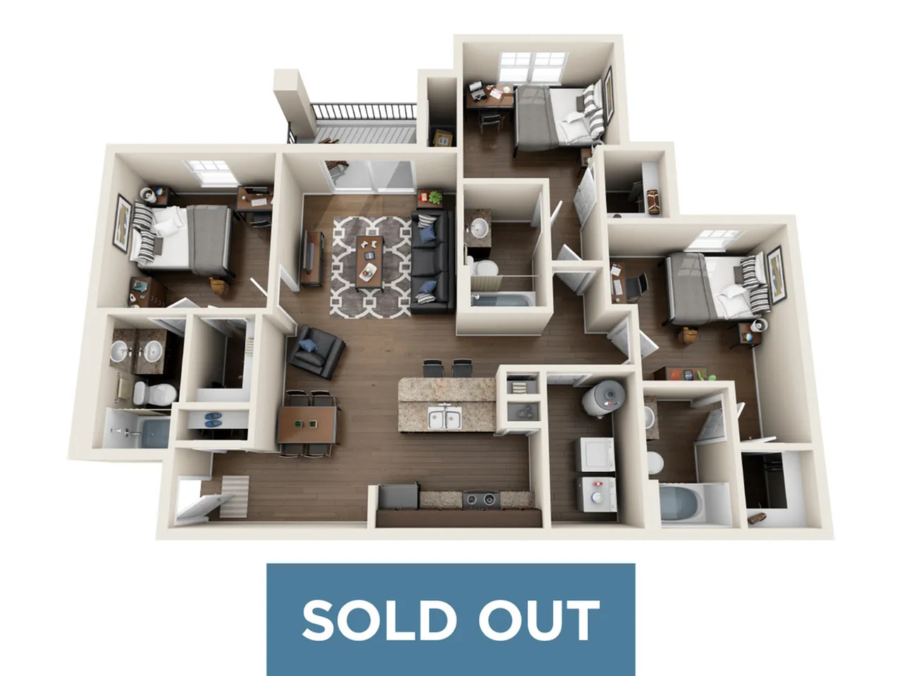 Modern 3D floor plan featuring 3 bedrooms, cozy living area, stylish kitchen, and two bathrooms, now sold out.
