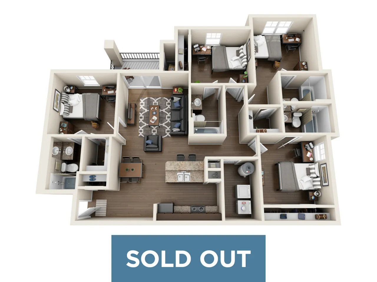 Modern 3D floor plan of a spacious apartment featuring three bedrooms, two bathrooms, an open-concept kitchen, and a cozy living area. Sold out.