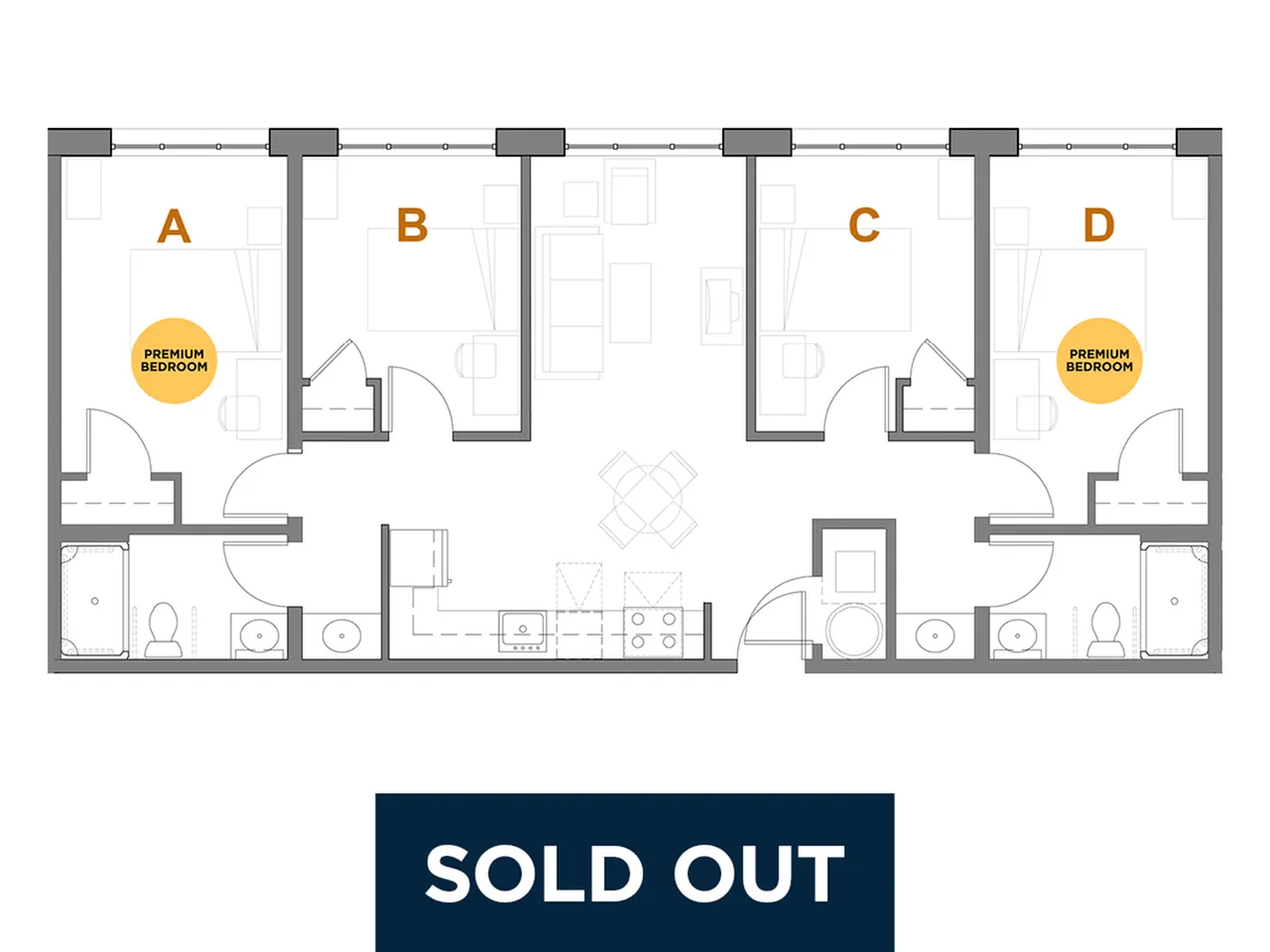 Contemporary floor plan showcasing 4 premium bedrooms, open living space, and modern amenities, now sold out.