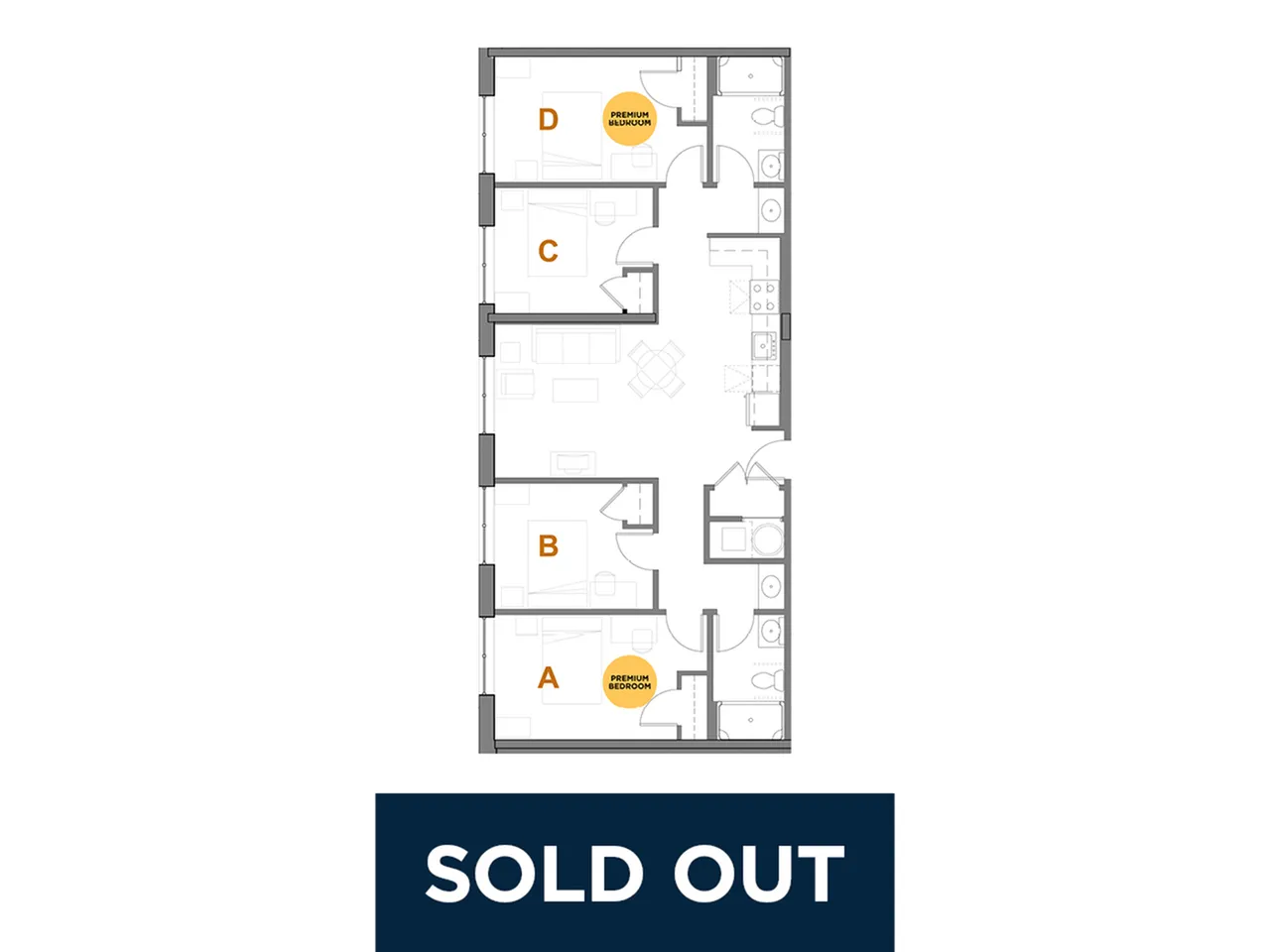 Modern 2D floor plan layout featuring three premium bedrooms, open living space, and kitchen area. Currently sold out.