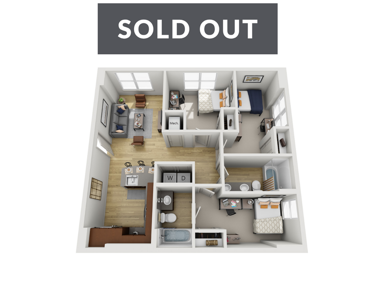 Modern 3D floor plan showcasing a cozy two-bedroom apartment with an open layout, stylish living room, and efficient kitchen, ideal for urban living.