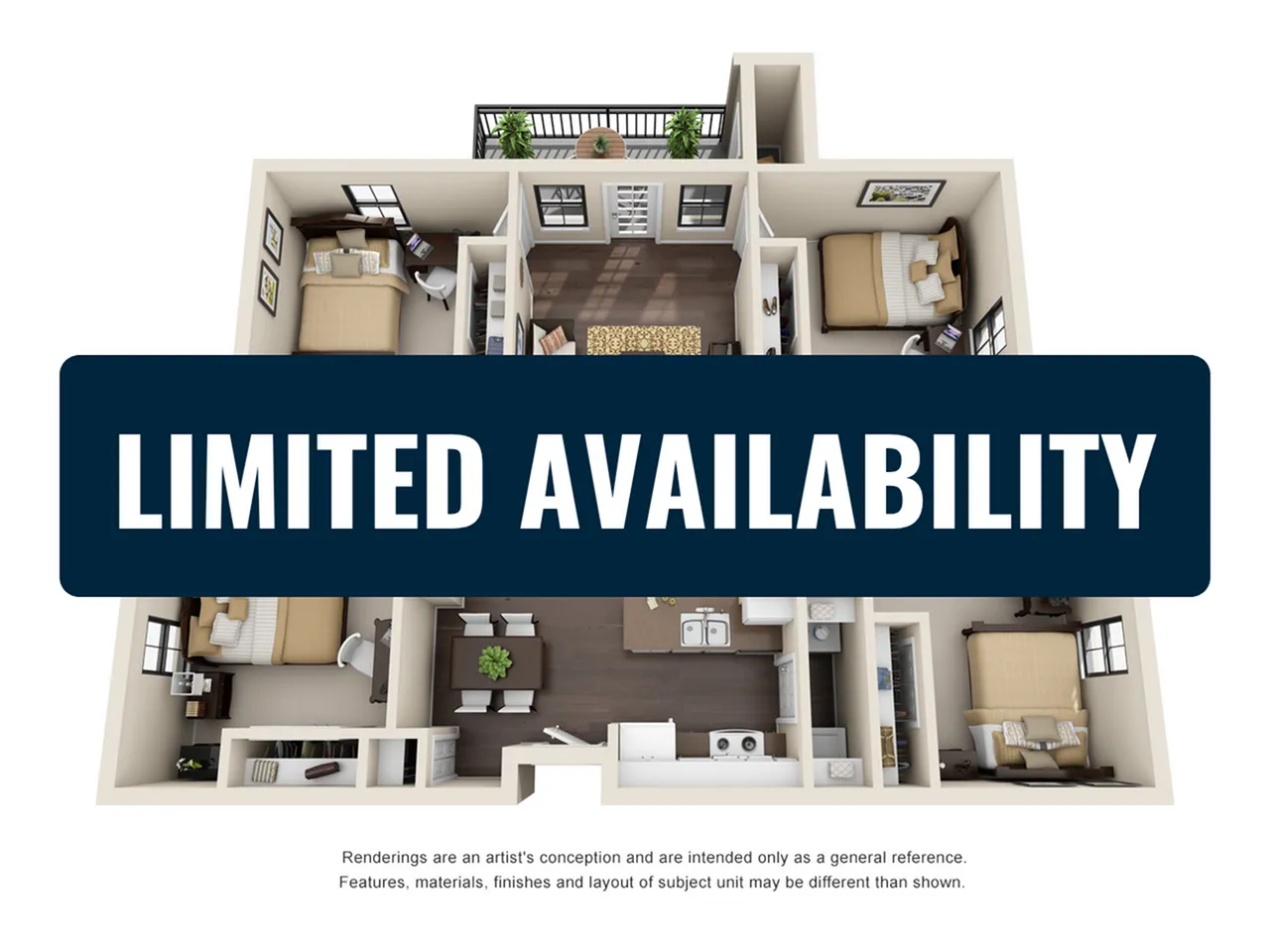 Stylish 3D floor plan with three cozy bedrooms, an inviting open-concept living and dining area, and a modern kitchen, offering a glimpse of exceptional apartment living. Limited availability.