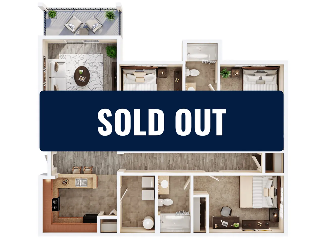 Chic 3D floor plan showcasing 2 bedrooms, a stylish living area, modern kitchen, and inviting balcony. Sold out.