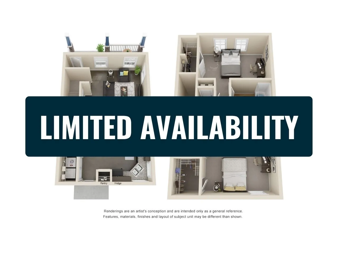 Charming 3D floor plan highlighting two bedrooms, a modern kitchen, and an inviting living area with balcony under \'Limited Availability\' label.