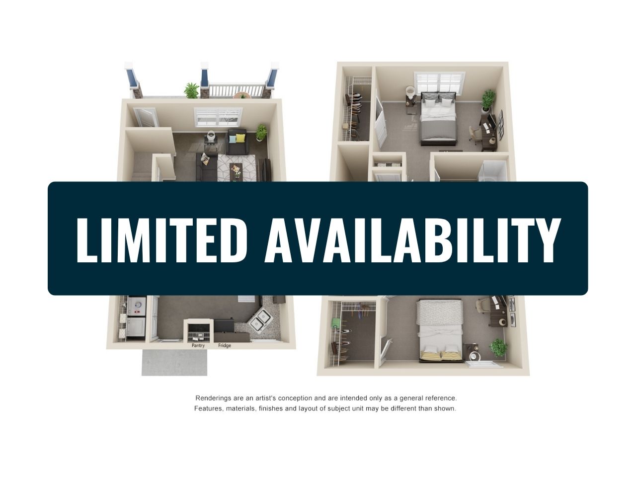 Modern 3D floor plan illustrating 2-bedroom apartment with open living room, cozy kitchen, and private balconies. Limited availability.