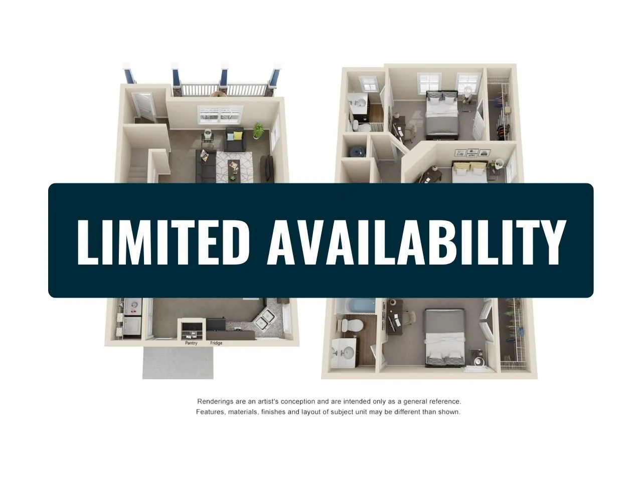 Spacious 3D apartment floor plan showcasing an elegant living area, modern kitchen, and three cozy bedrooms with \'Limited Availability\' prominently displayed.