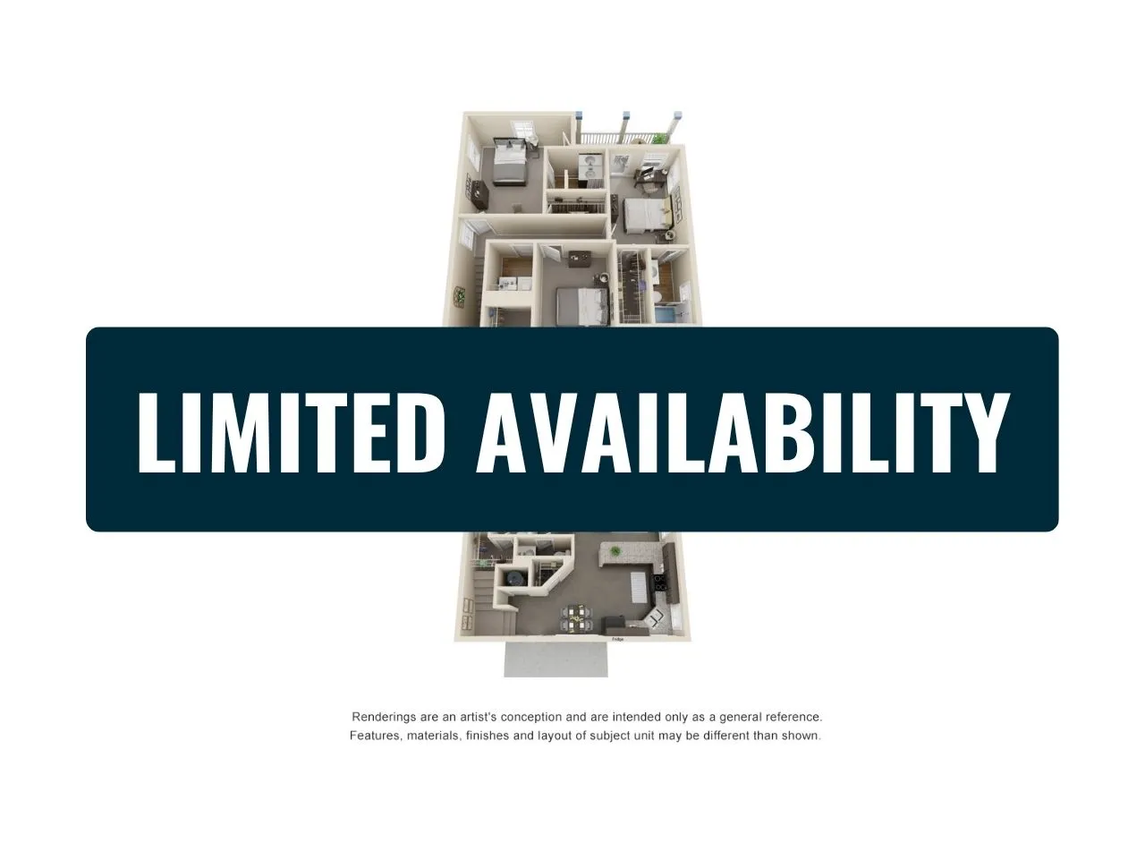 Sleek 3D floor plan featuring a modern layout with 2 bedrooms, 2 bathrooms, and an open-concept living area. Limited availability.