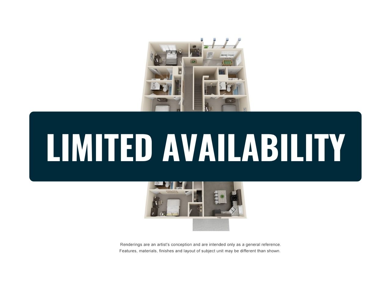 Modern 3D floor plan showcasing 2 bedrooms, cozy living room, and a fully-equipped kitchen, emphasizing limited availability.