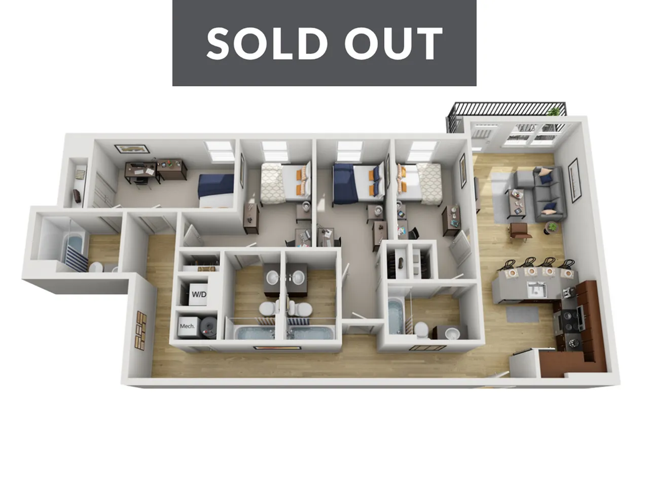 Contemporary 3D floor plan showcasing 2 bedrooms, a home office, modern kitchen, and cozy living room with balcony access, sold out.