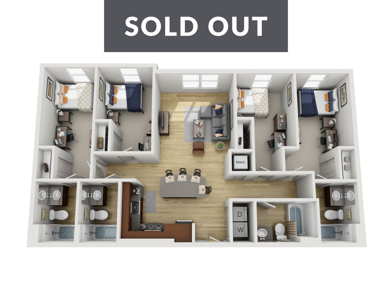 Modern 3-bedroom apartment floor plan with an inviting open-concept living room, sleek kitchen, and two contemporary bathrooms, marked as sold out.