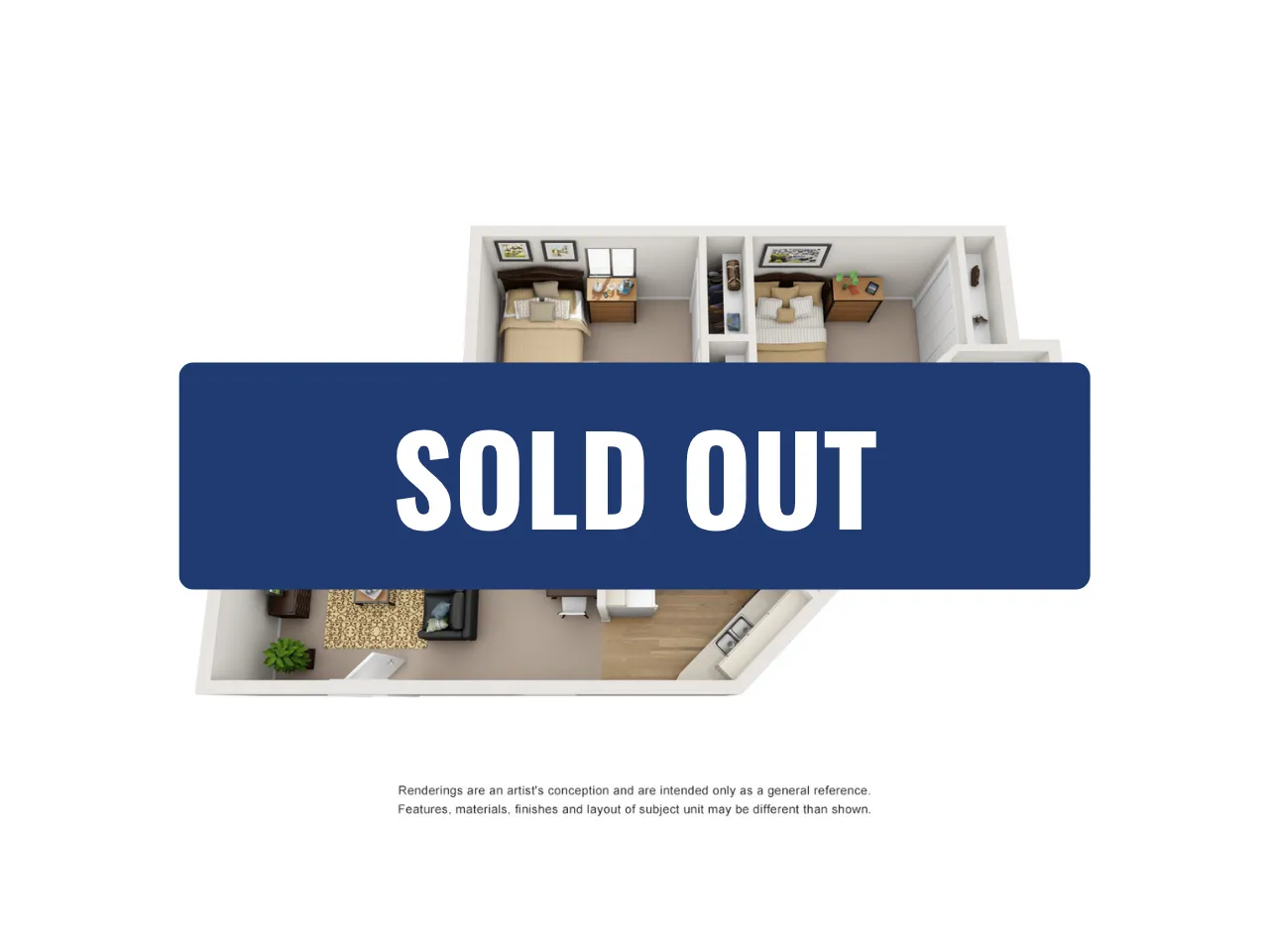 Modern 3D floor plan of two-bedroom apartment with stylish open living area, elegantly sold out.