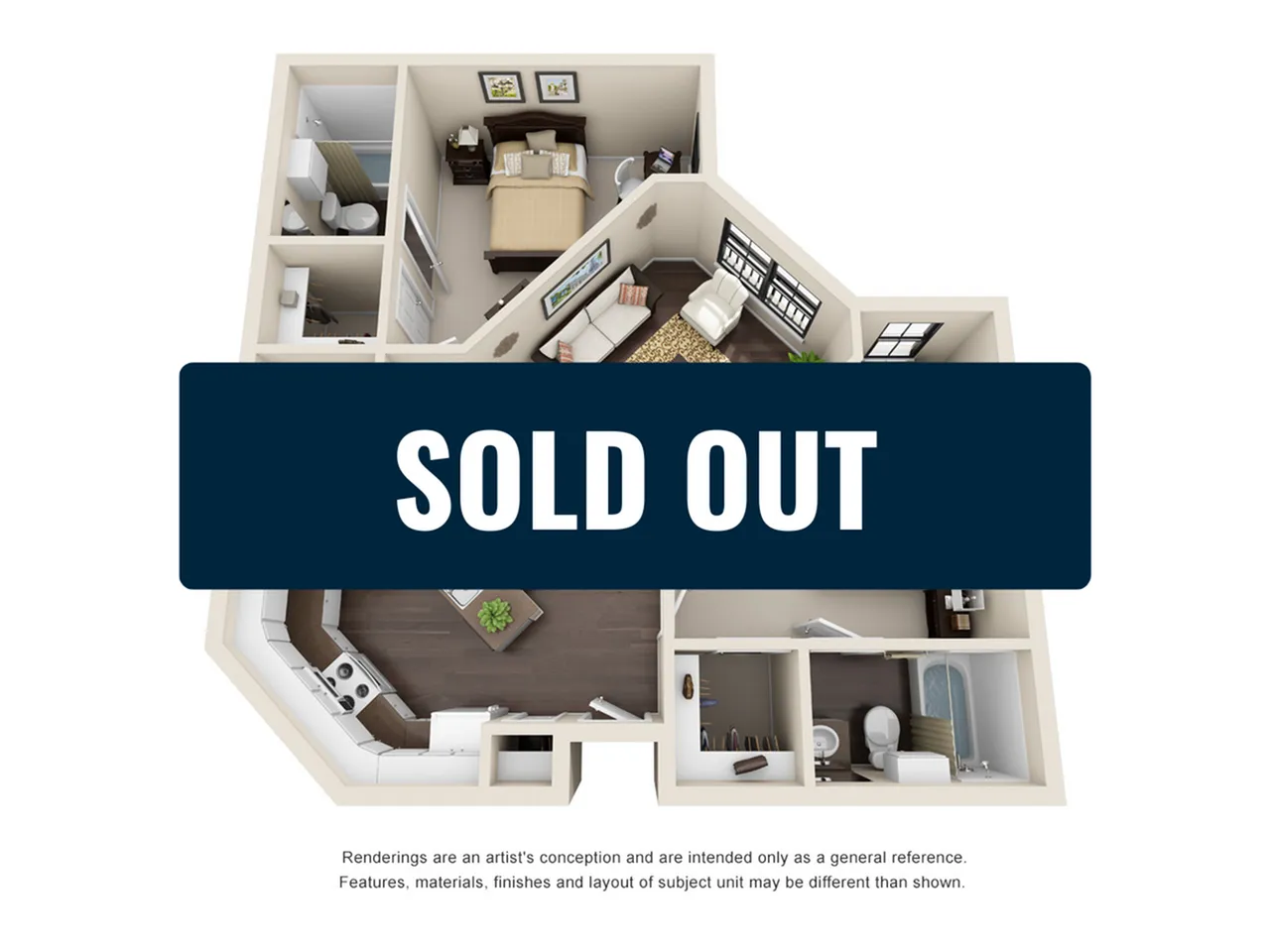 Chic 3D floor plan displaying one-bedroom apartment with an open-concept living area, modern kitchen, and stylish bathroom. Sold Out.