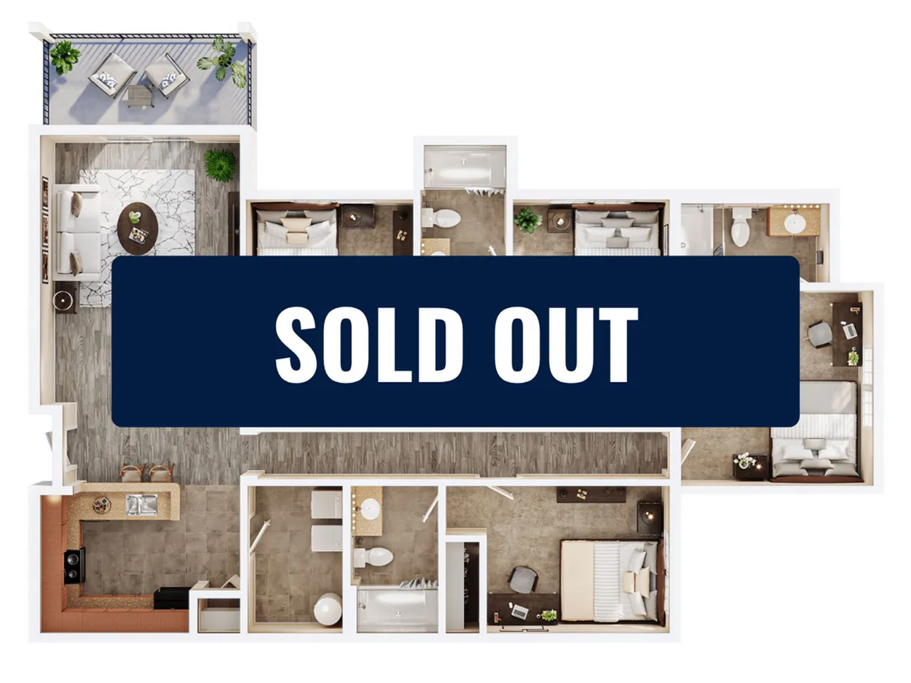 Elegant 3-bedroom apartment floor plan with modern kitchen, cozy living space, and stylish balcony, sold out due to high demand.