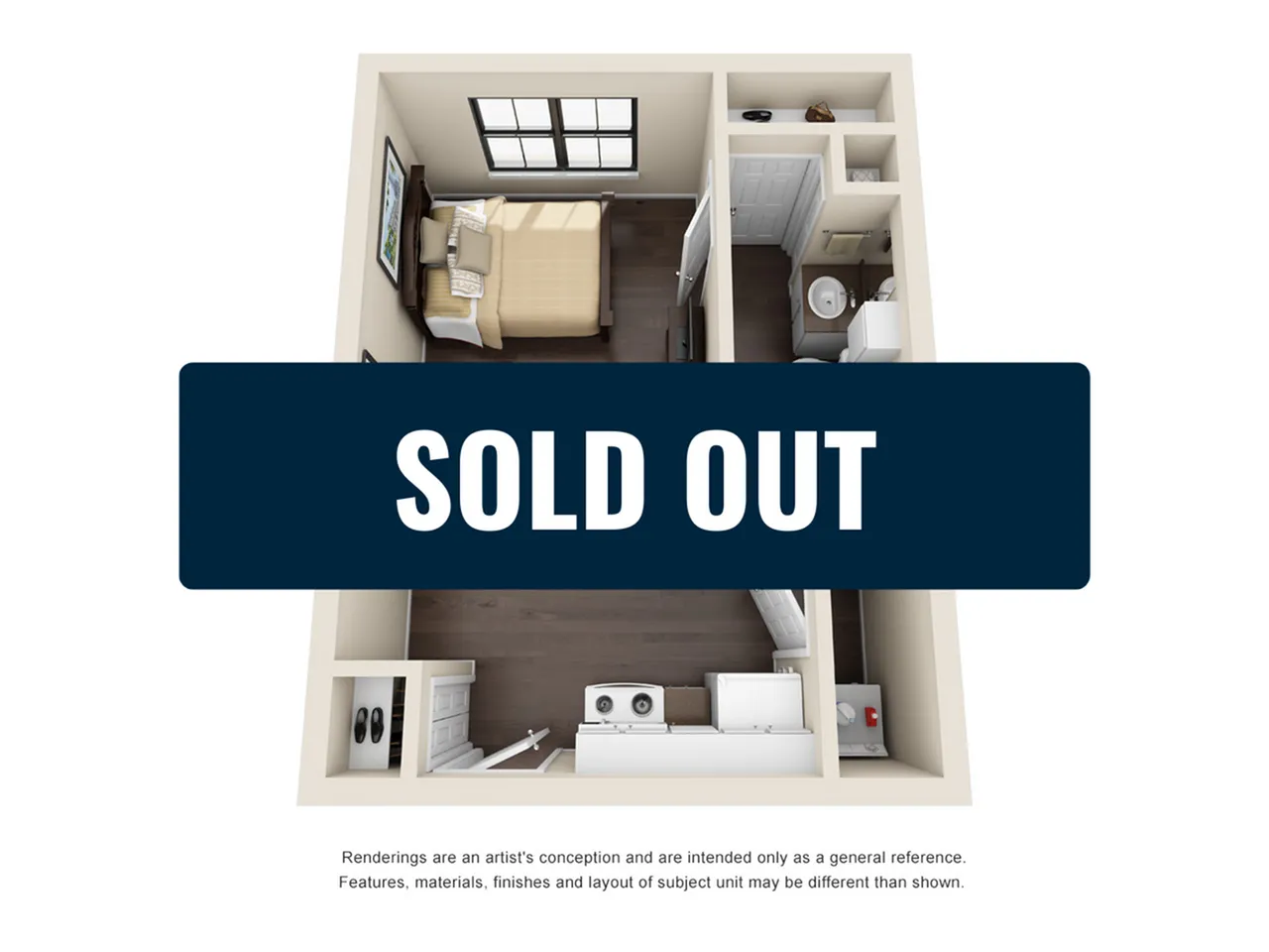 Charming 3D floor plan showcasing a cozy one-bedroom apartment with a modern kitchen and inviting living space.