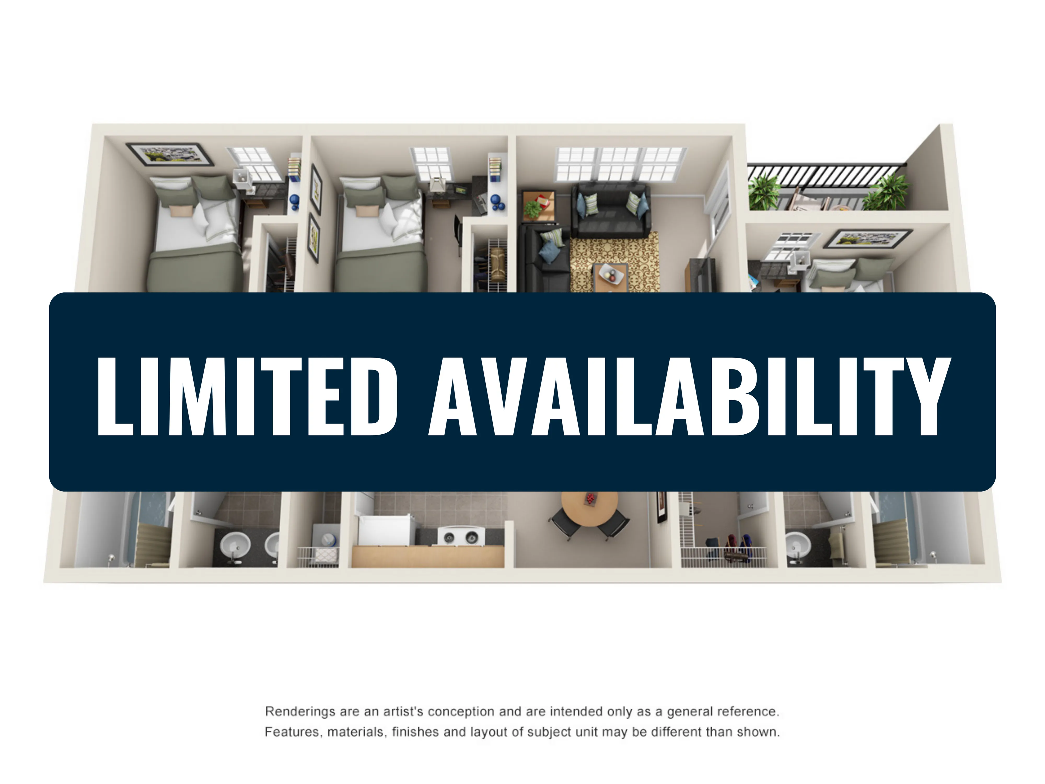 Charming 3D floor plan showcasing 3 bedrooms, a cozy living room, and a modern balcony with limited availability.