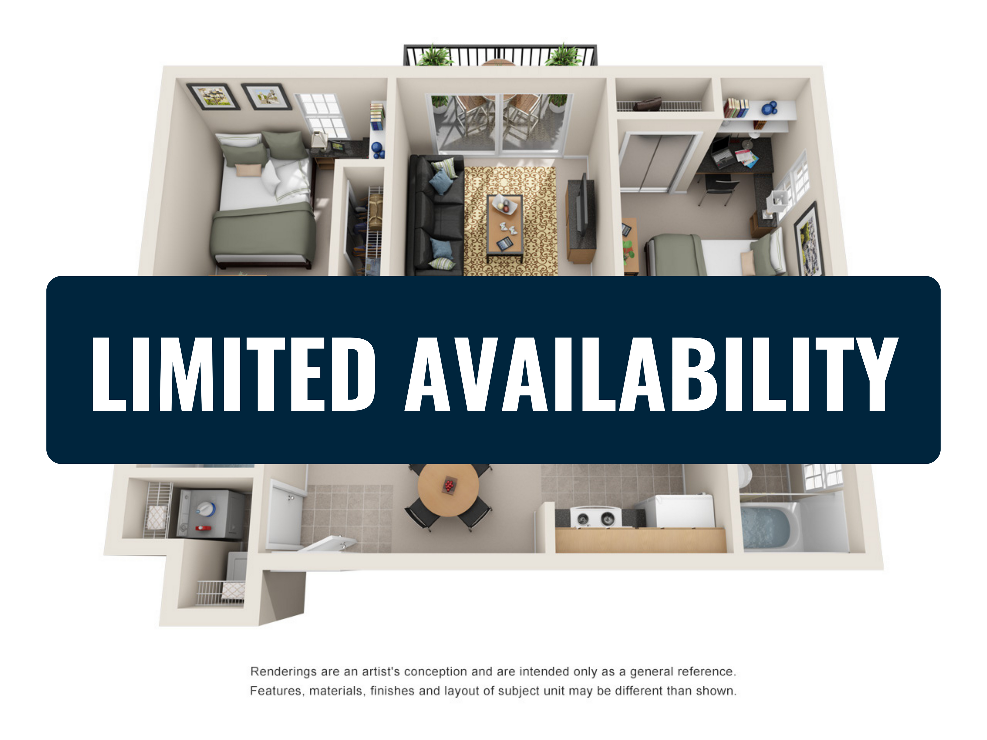 Modern 3D apartment floor plan showcasing two bedrooms, a cozy living area, and a compact kitchen. Highlighted with \'Limited Availability\' for a bustling lifestyle.