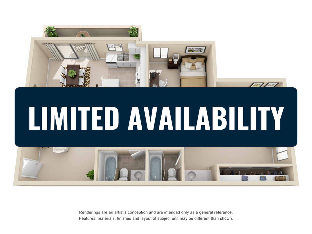 Chic 3D floor plan showcasing a modern apartment with an open living space, sleek kitchen, cozy bedroom, and inviting balcony. Limited availability.