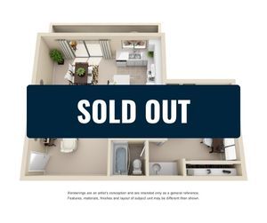 Modern 3D floor plan showcasing a sleek 1-bedroom apartment, complete with an open living space and a functional kitchen, marked as sold out.