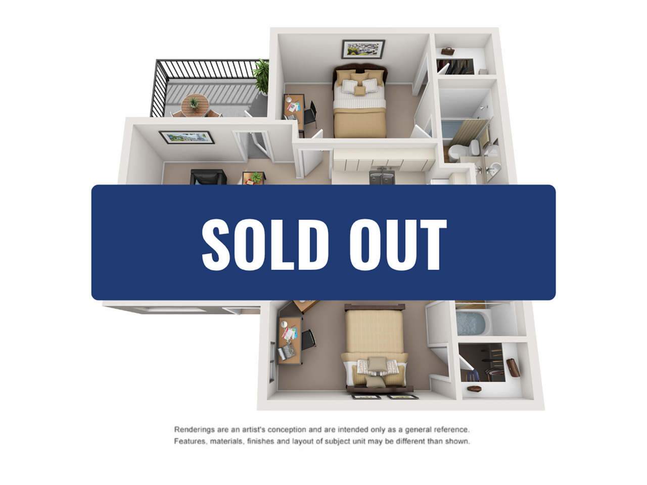 Modern 3D floor plan highlighting a 1-bedroom apartment with spacious living area, office nook, and stylish balcony, marked as sold out.