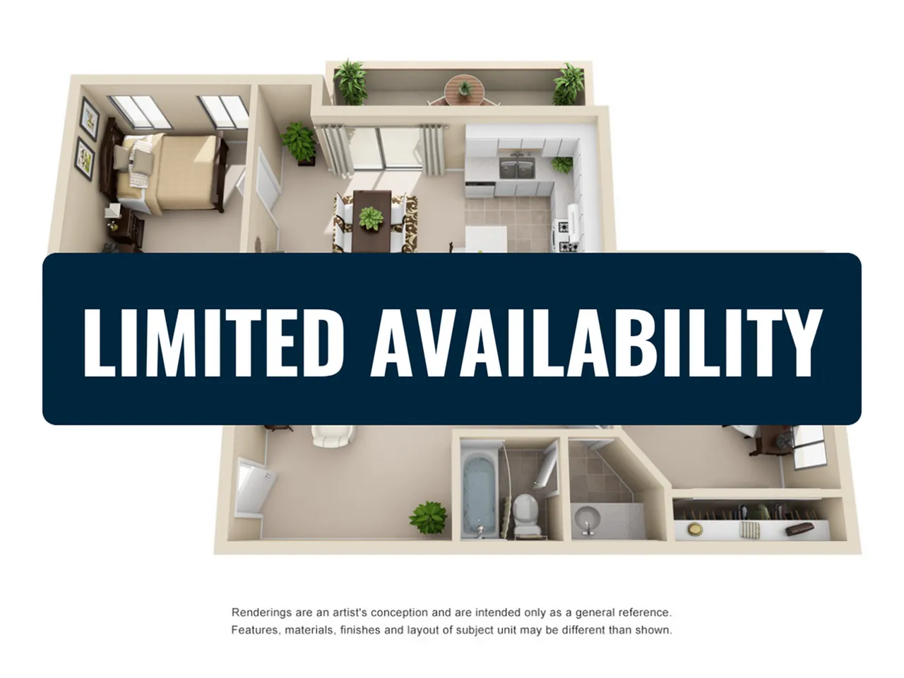 Modern 3D floor plan showcasing a cozy 1-bedroom apartment with open kitchen, inviting living area, and well-appointed bathroom. Limited availability adds exclusivity.