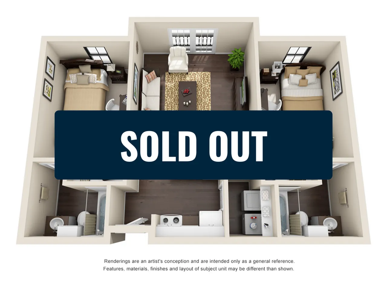 Elegant 3D floor plan with 2 bedrooms, a cozy living room, and modern kitchen, showcasing stylish interior designs.