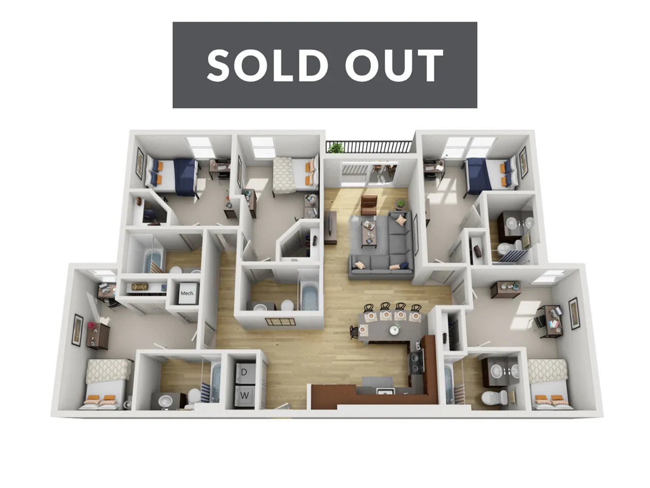 Modern 3D floor plan showcasing a stylish layout with 3 bedrooms, 2 bathrooms, a cozy living area, and a chic kitchen, perfect for comfortable living. Sold out.