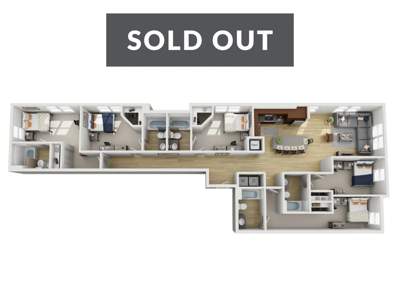 Elegant 3D floor plan showcasing a modern apartment layout with three bedrooms, a spacious open kitchen, and a cozy living area, complete with stylish furnishings. SOLD OUT.
