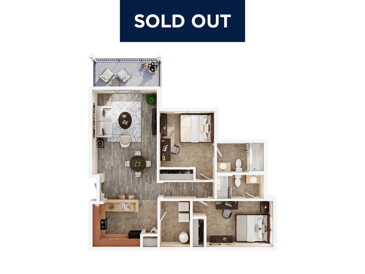 Elegant 3D floor plan displaying two bedrooms, a stylish living area, modern kitchen, and balcony, perfect for contemporary living.