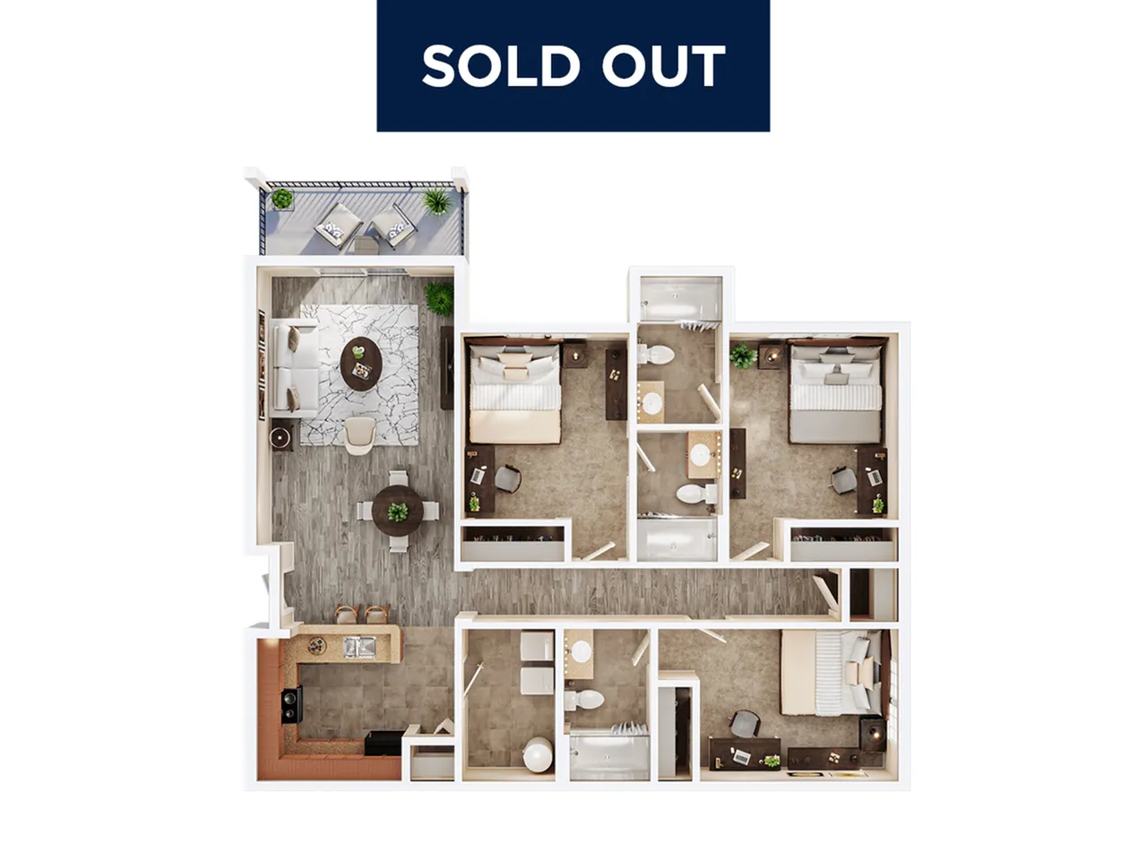 Modern floor plan showcasing 3 cozy bedrooms, a stylish living area, and a functional kitchen with a dining space.