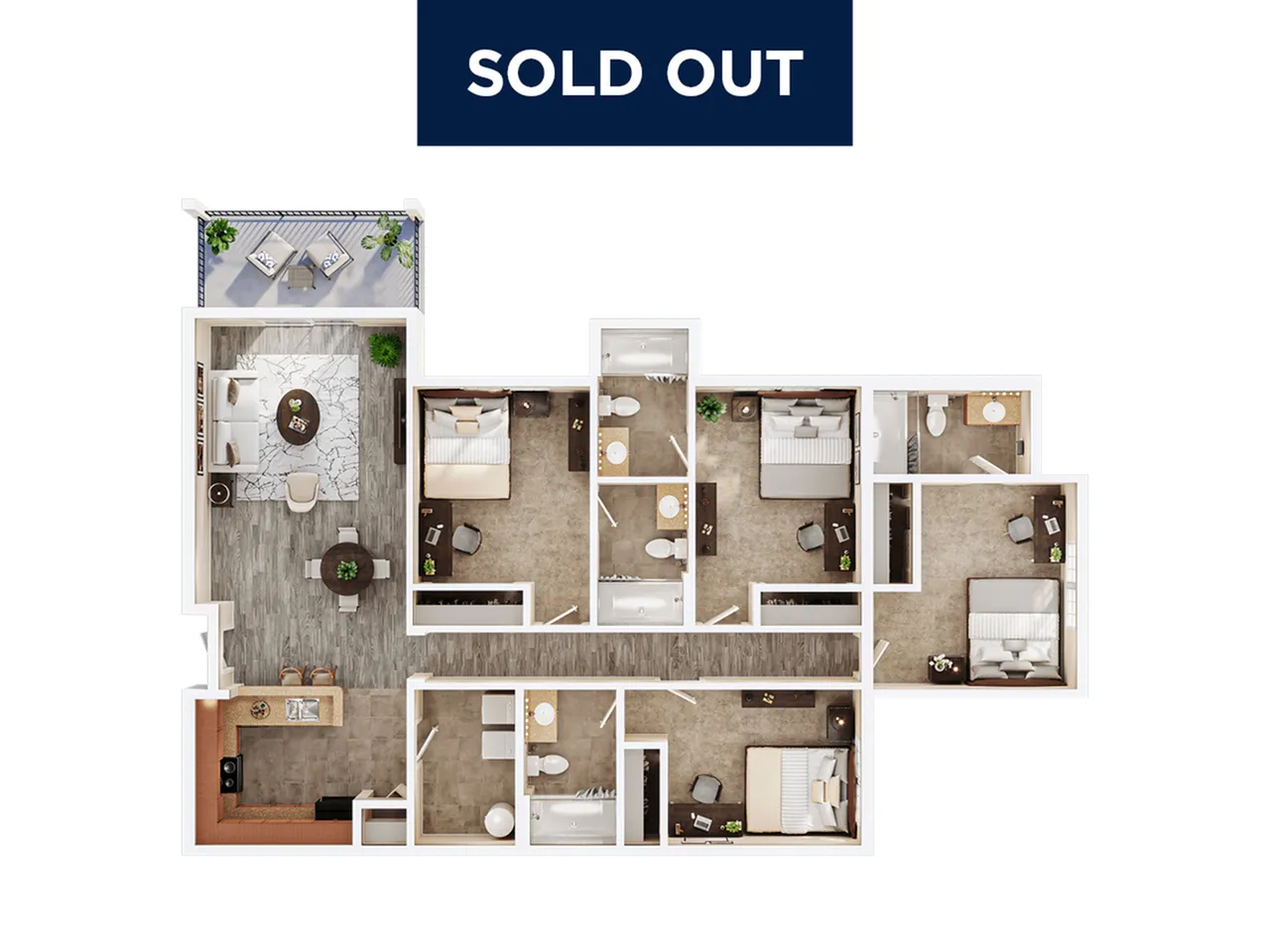 Sophisticated 3D floor plan with three spacious bedrooms, stylish kitchen, elegant living area, and two modern bathrooms, showcasing a harmonious layout perfect for comfortable living.