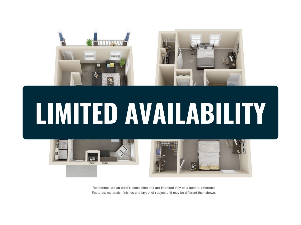 Modern 3D floor plan featuring 2 bedrooms, an inviting living area, a well-appointed kitchen, and stylish interiors. Limited availability.