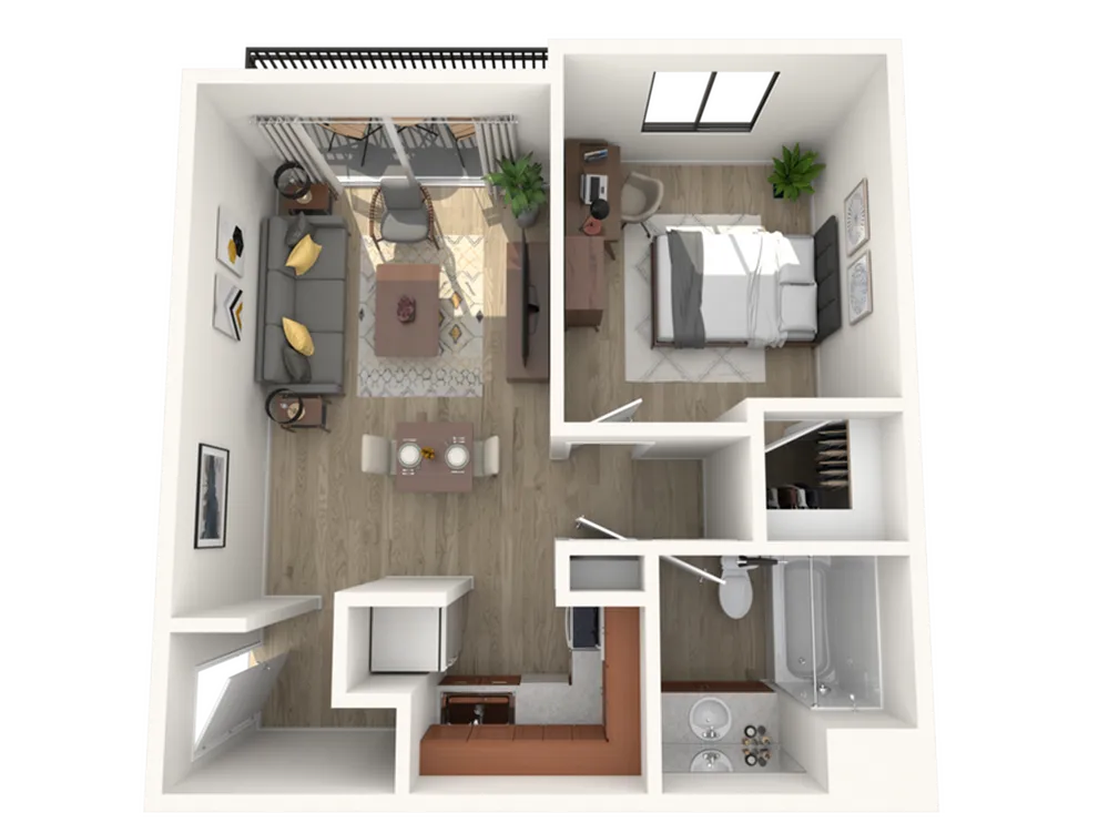 Modern 3D floor plan featuring 1 bedroom, an inviting living area, and a compact kitchen, ideal for urban living.
