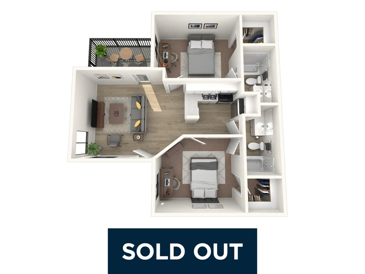 Charming 3D floor plan showcasing 2 bedrooms, modern kitchen, cozy living room, and private balcony, elegantly designed for comfort and style.