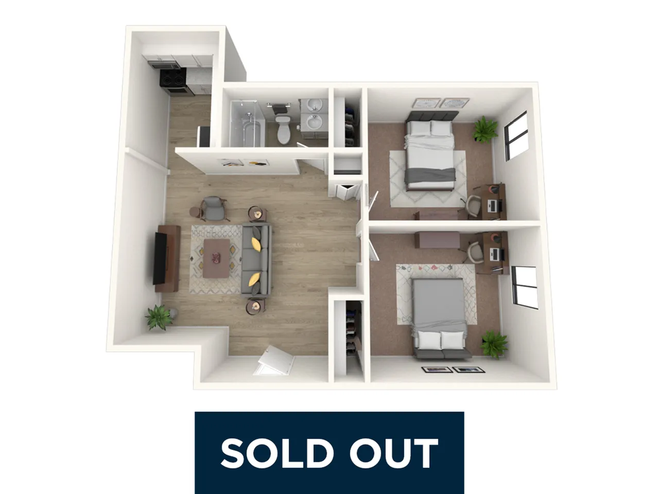 Contemporary 3D floor plan showcasing 2 cozy bedrooms, an inviting living room, modern kitchen, and bathroom; sold out.
