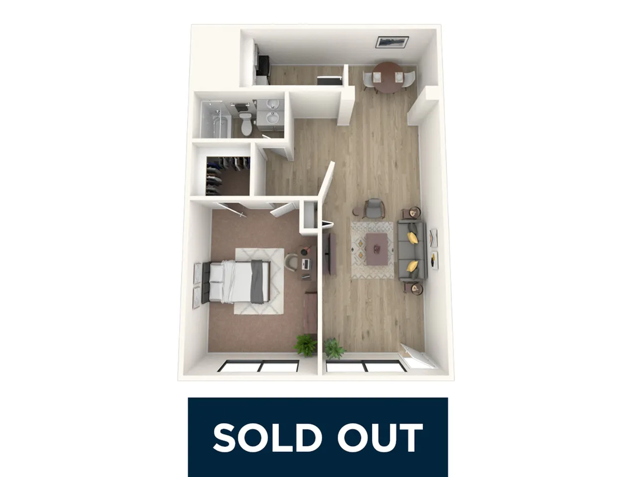 Charming 1-bedroom apartment floor plan featuring an open living area, cozy bedroom, modern bathroom, and sleek kitchen, marked sold out.