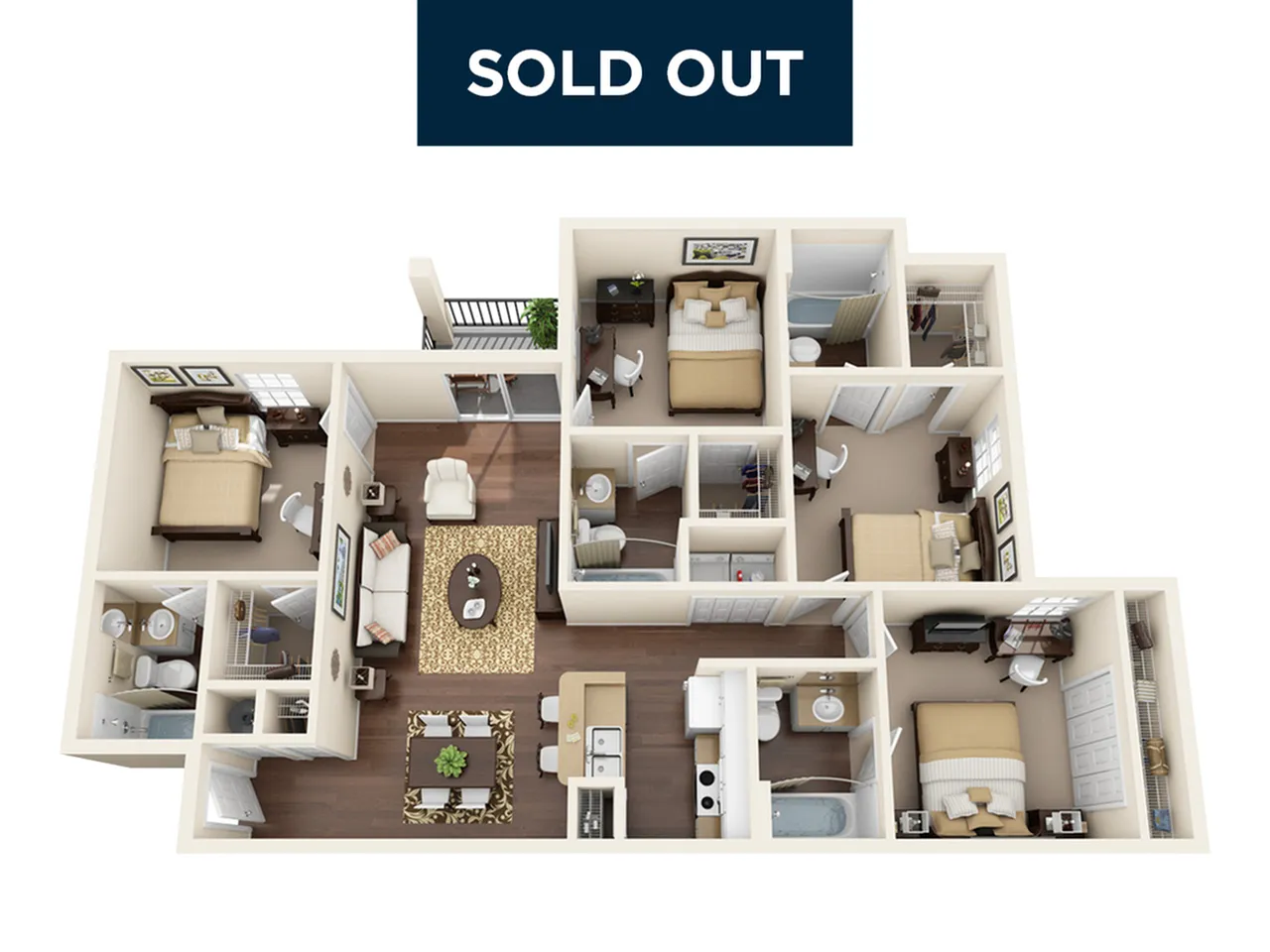 Chic 3D floor plan showcasing 3 bedrooms, an open living area, modern kitchen, and elegant bathrooms.