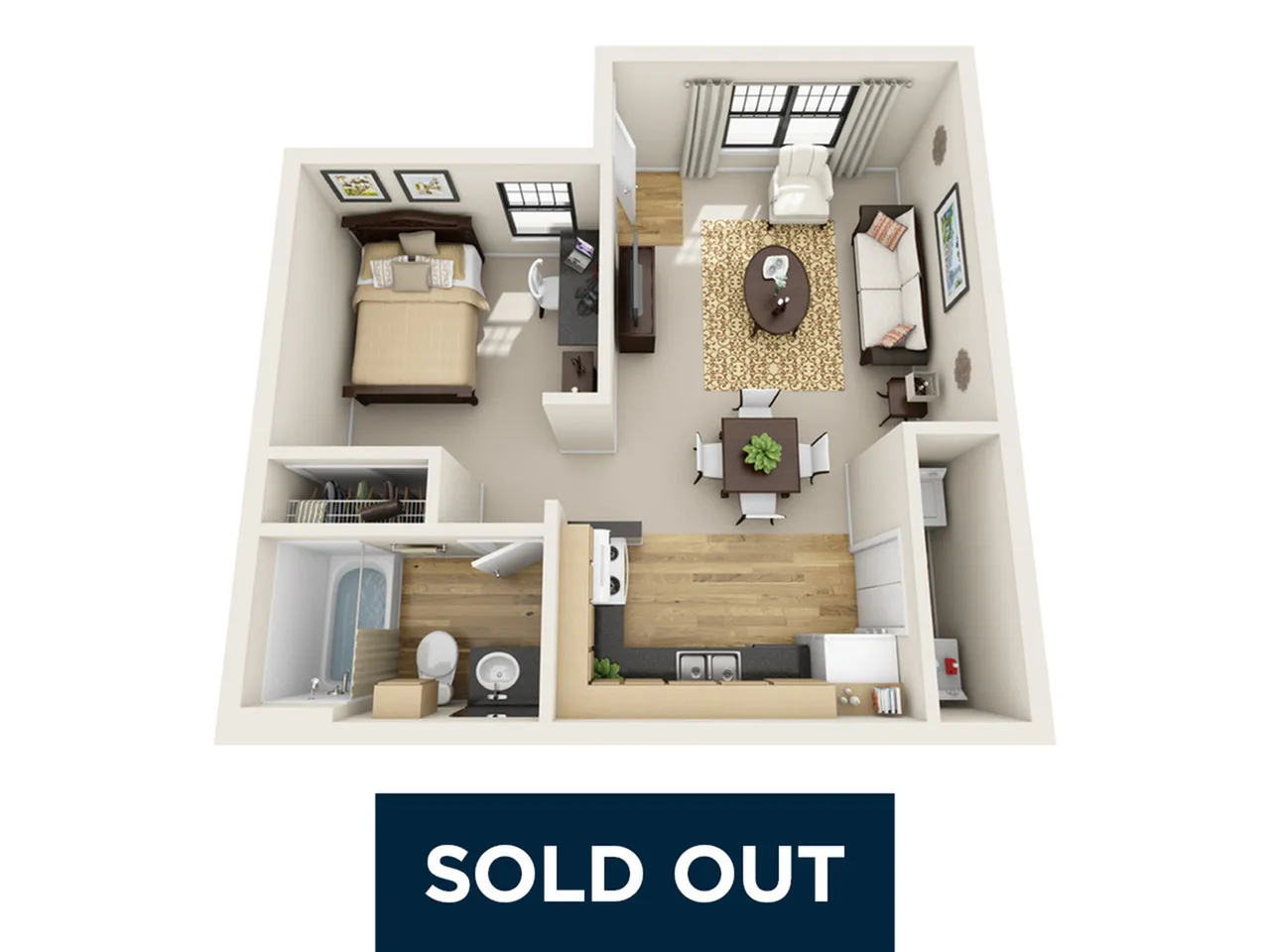 Charming studio apartment floor plan with a cozy living area, modern kitchen, and elegant bathroom, perfect for comfortable living.