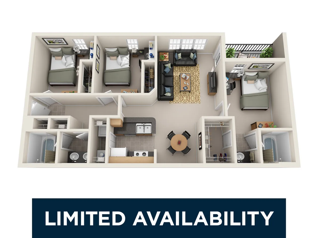 Modern 3D floor plan showcasing 3 spacious bedrooms, open living area, and stylish kitchen with limited availability.