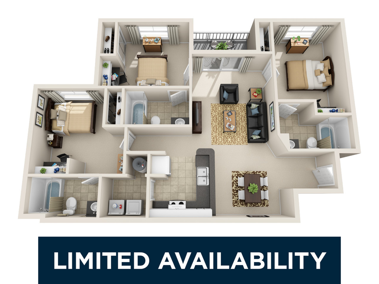 Inviting 3D floor plan with 3 bedrooms, modern kitchen, cozy living area, and 2 bathrooms, highlighting limited availability.