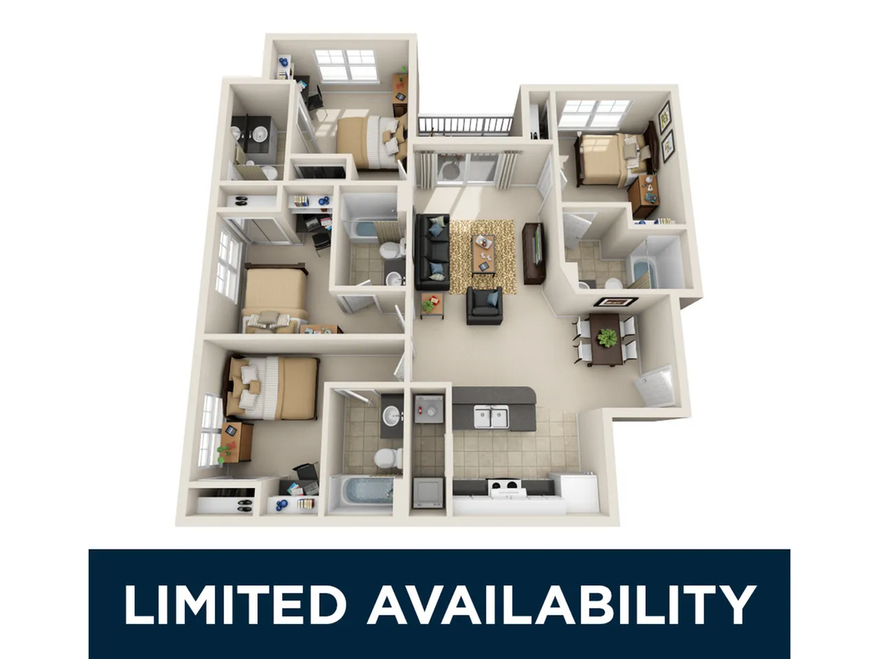 Contemporary 3D floor plan showcasing a bright, open-concept living area, 3 bedrooms, modern kitchen, and 2 bathrooms with elegant finishes.