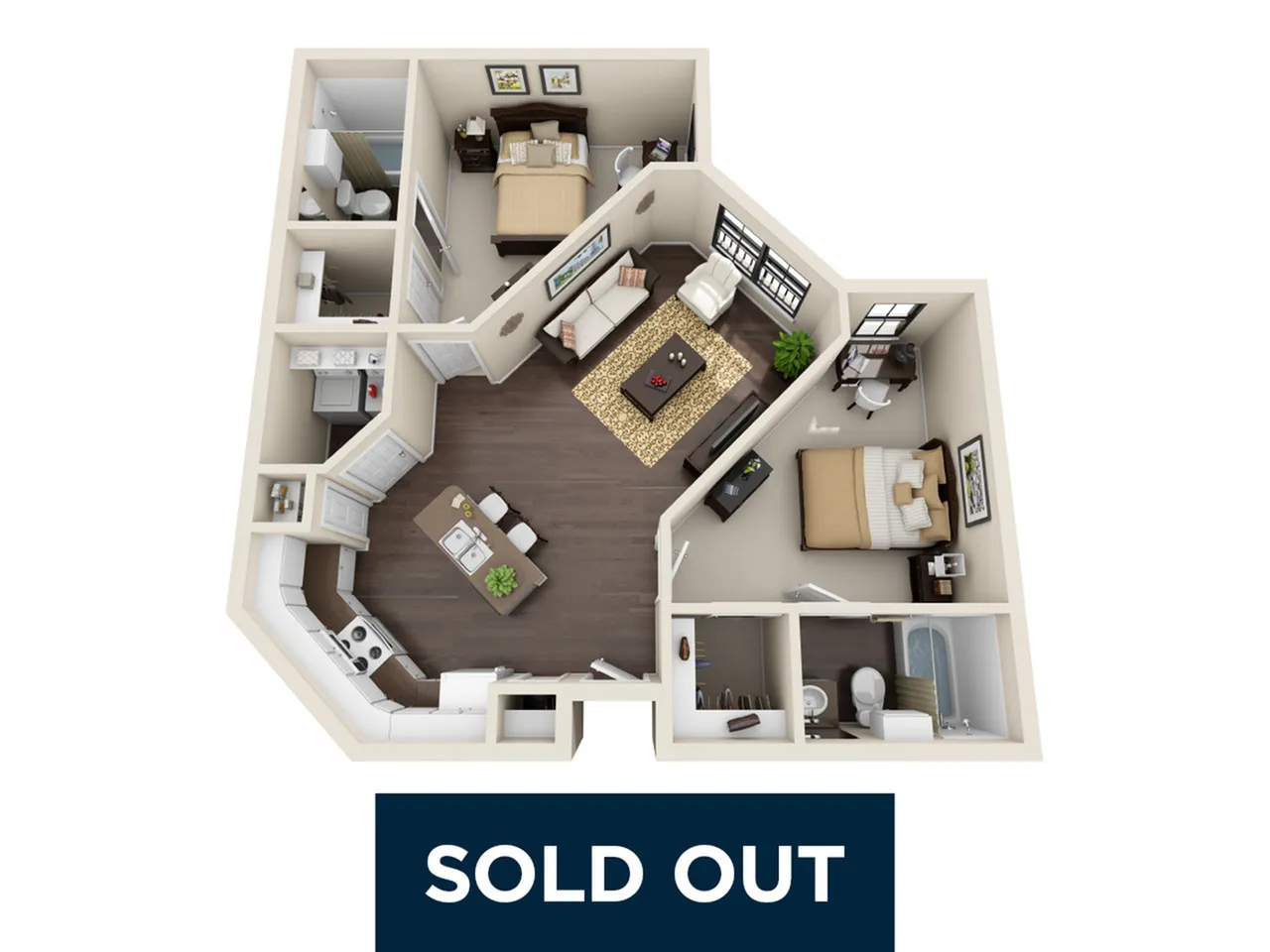 Chic 3D floor plan showcasing a contemporary two-bedroom layout with an inviting living area, modern kitchen, and two stylish bathrooms.