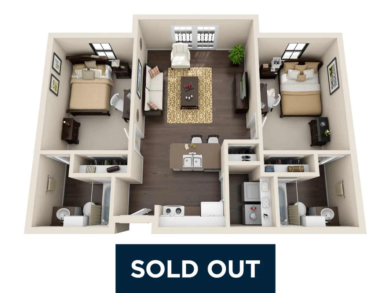 Charming 3D apartment floor plan displaying 2 bedrooms, welcoming living area, modern kitchen, and elegant bathrooms, all with contemporary furnishings.
