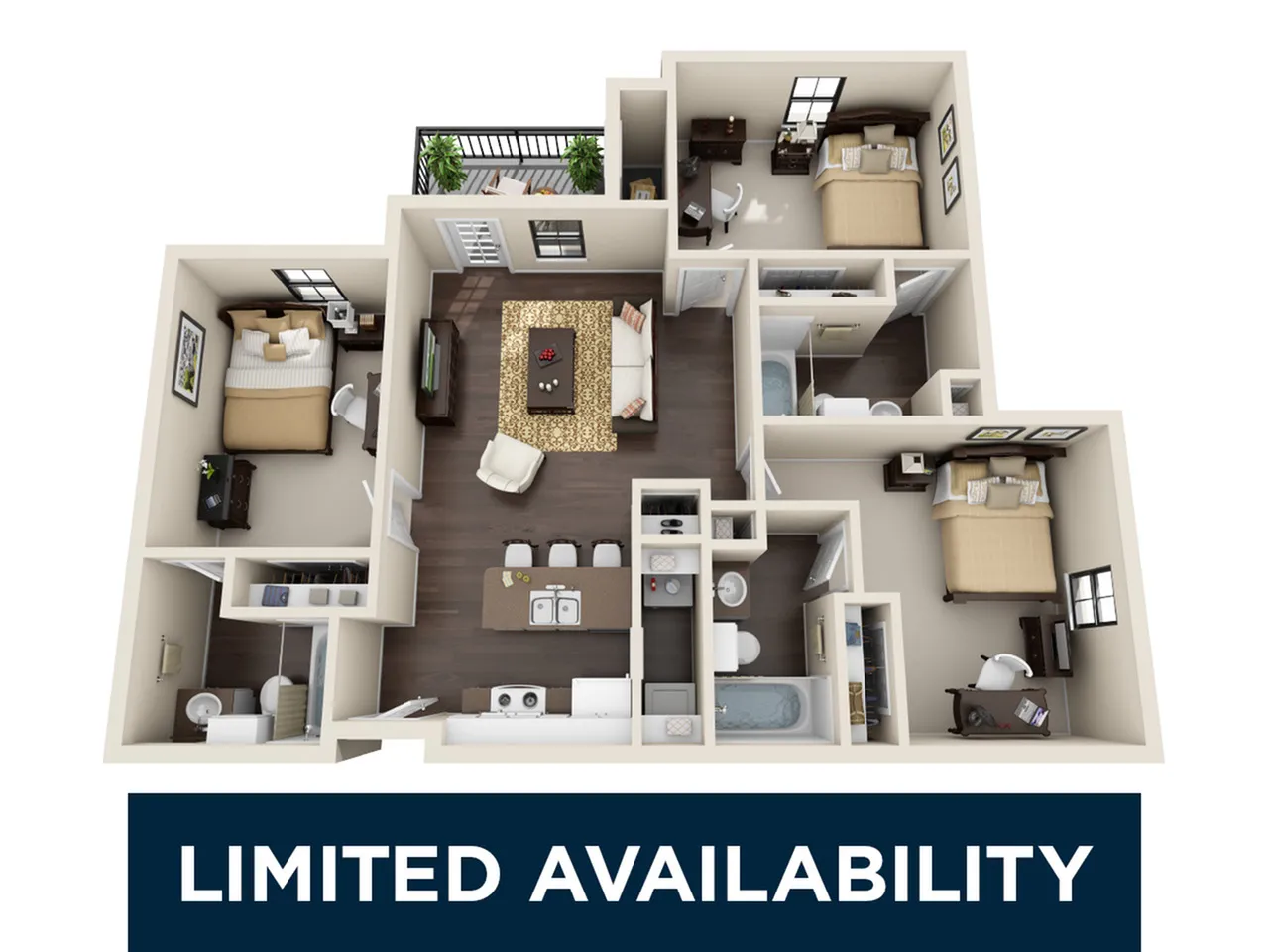Modern 3D floor plan showcasing 3 cozy bedrooms, an elegant kitchen with bar seating, and a welcoming living area with balcony access. Act fast due to limited availability.