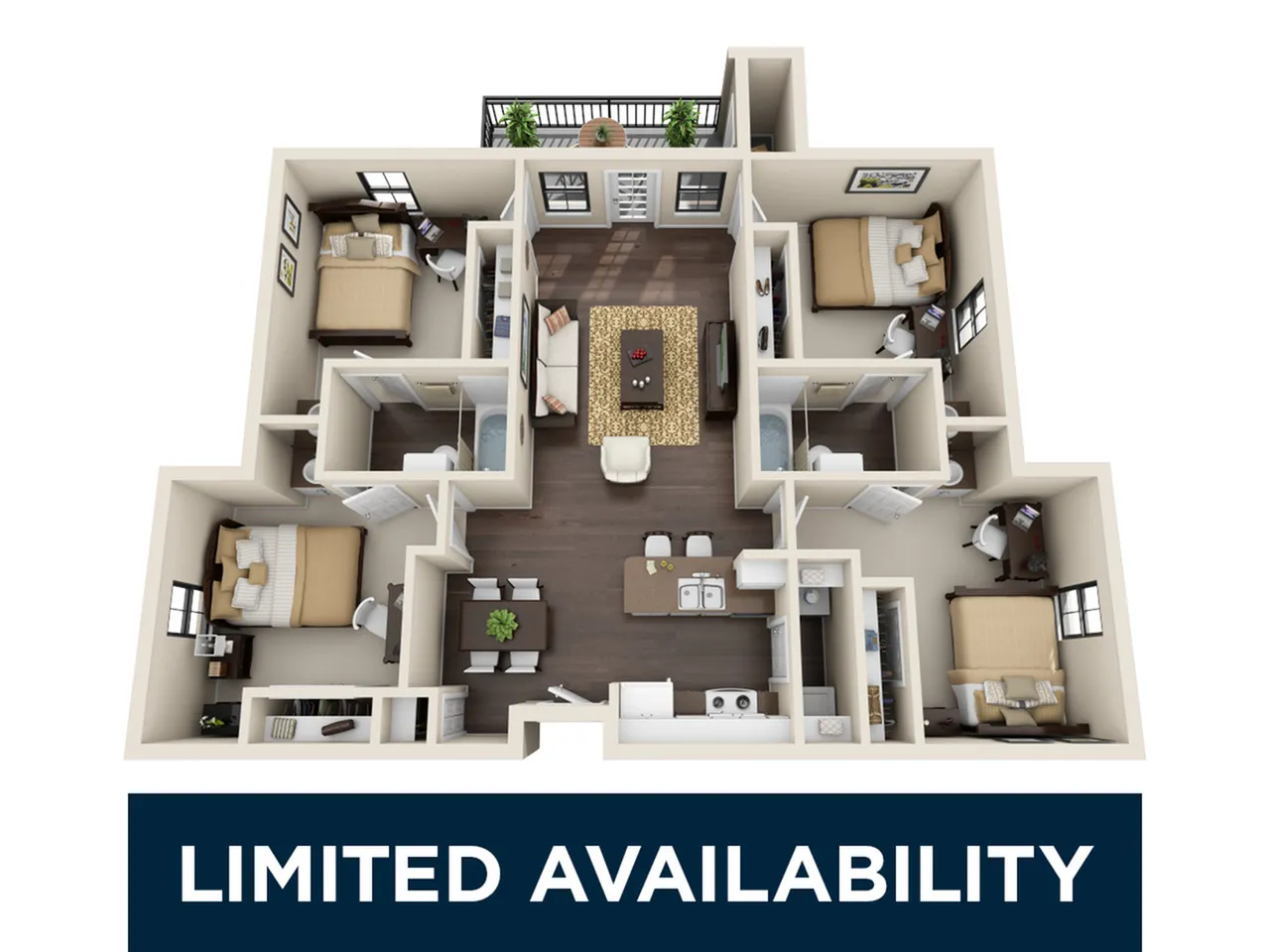 Chic 3D floor plan showcasing three spacious bedrooms, open-concept living area, modern kitchen with island, and cozy balcony. Limited availability.