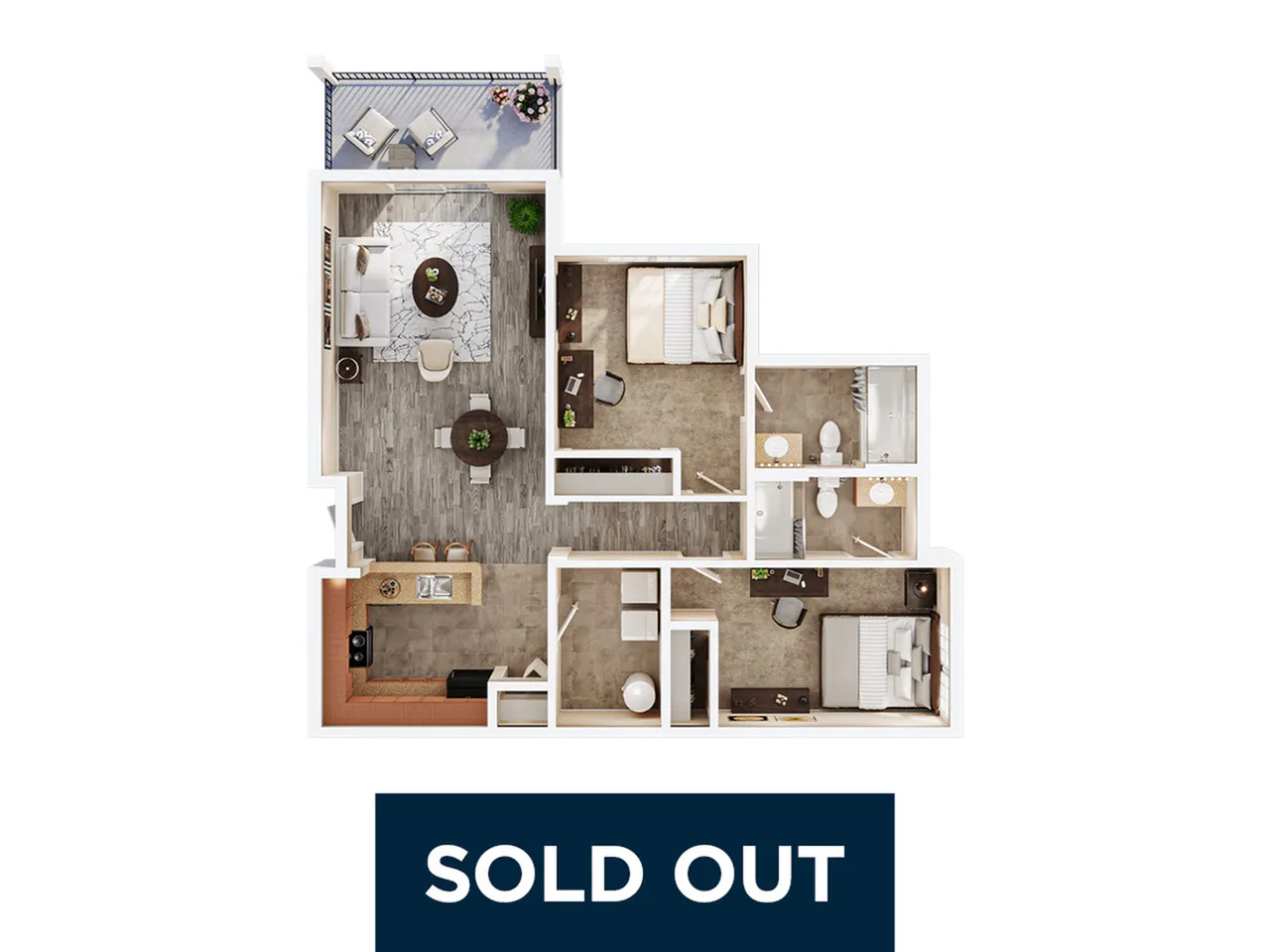 Modern apartment floor plan showcasing 3 bedrooms, an inviting living area, sleek kitchen, and a private balcony, marked as \'Sold Out\'.