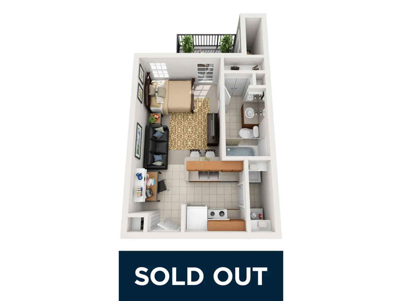 Chic open-concept apartment layout showcasing a cozy living room, modern kitchen, and private balcony.