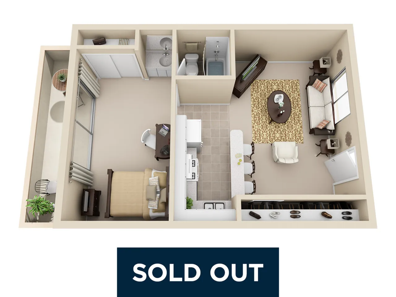 Chic 3D floor plan featuring a cozy bedroom, stylish living area, modern kitchen, and spacious bathroom, ideal for urban living.