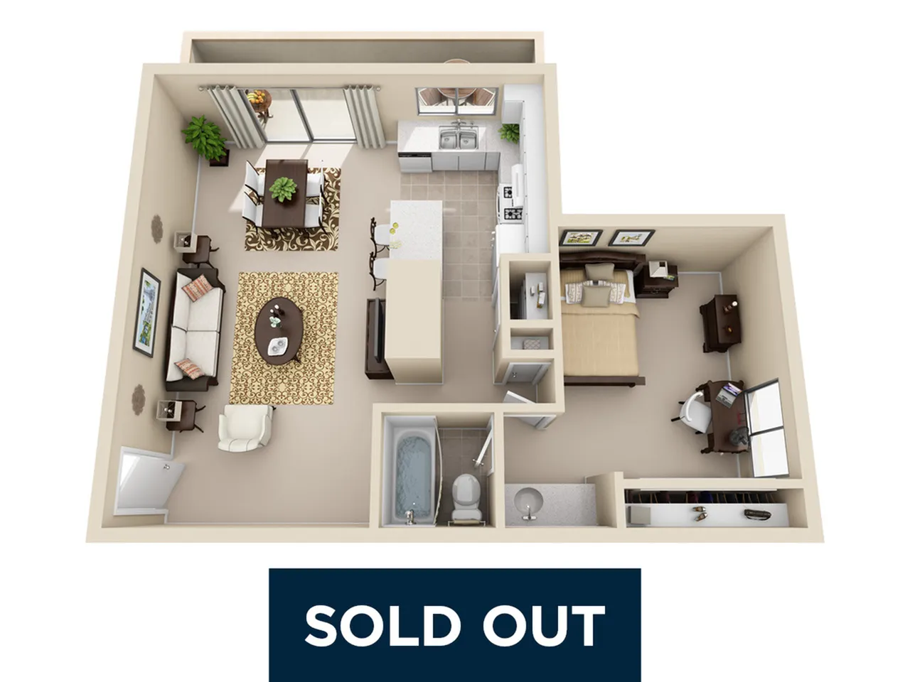 Inviting 3D floor plan showcasing a cozy one-bedroom apartment, open living area, modern kitchen, and a stylish bathroom.