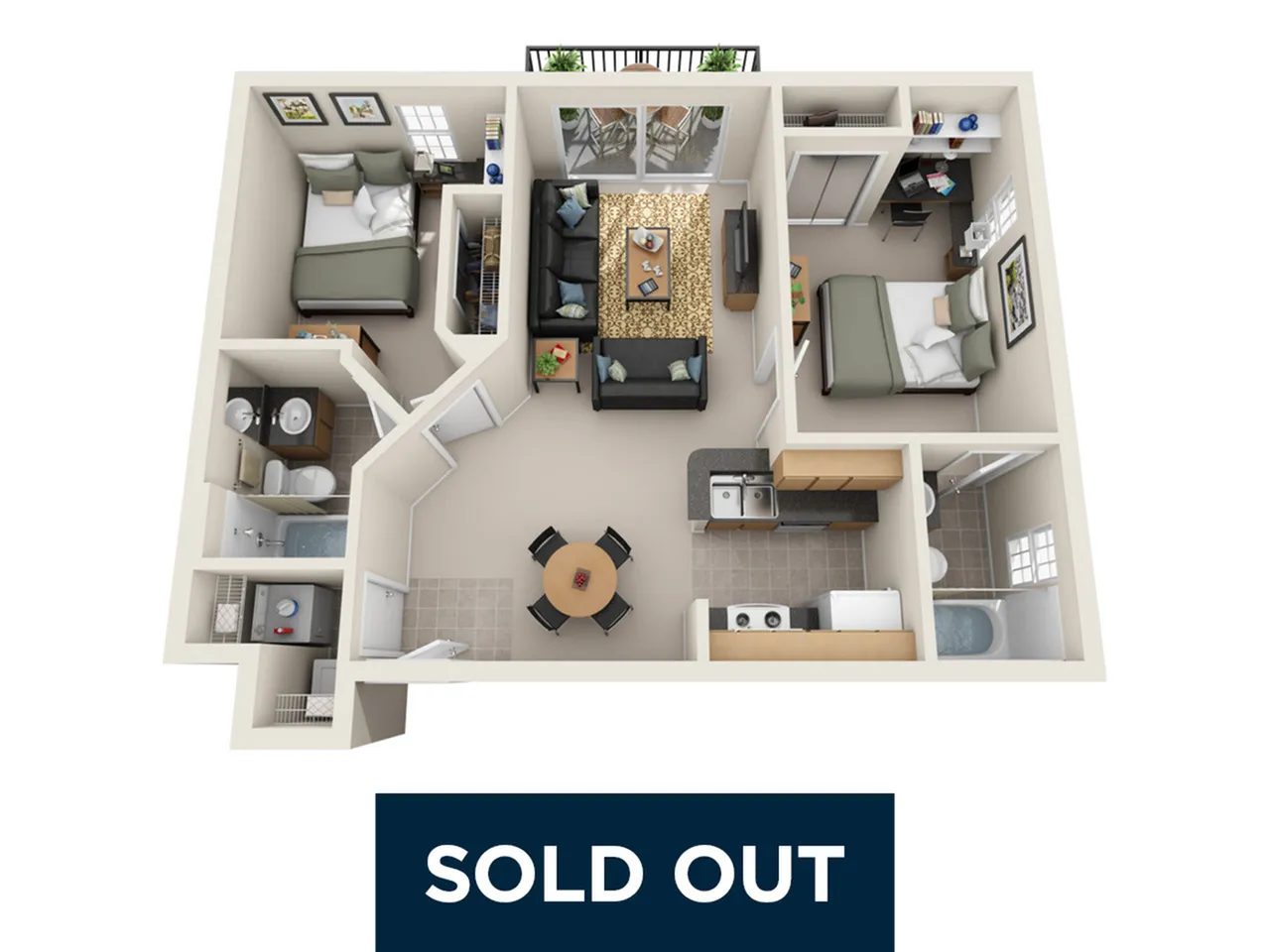 Modern 3D floor plan showcasing a vibrant 2-bedroom apartment with a cozy living room, stylish kitchen, and two sleek bathrooms. Sold out unit.