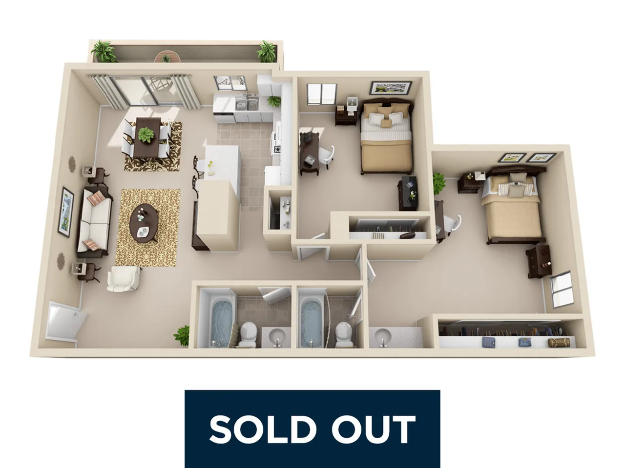 Modern 3D floor plan showcasing a cozy 2-bedroom apartment with an open-concept living room, stylish kitchen, and two bathrooms. Includes a comfortable balcony area.